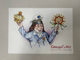 tableau représentant une femme en uniforme tenant une couronne et un soleil