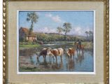 painting of cows drinking water from a stream in a rural setting