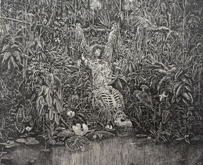 dessin représentant un tigre dans la jungle, avec un oiseau au premier plan