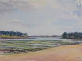 a watercolor painting of a beach with trees in the background