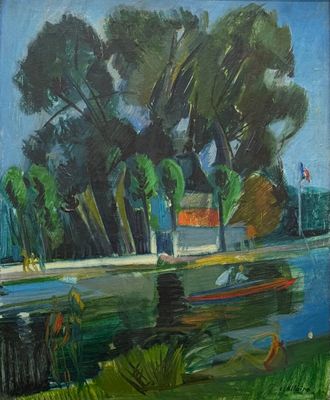 tableau représentant un bateau sur un plan d'eau, avec des arbres en arrière-plan