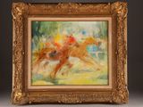 an oil painting of a horse race with jockeys on the track