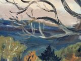 an oil painting of a tree in a field near a body of water