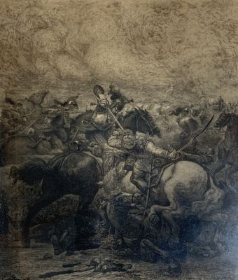 a picture of a painting of a group of men on horses