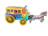 a toy horse pulling a cart with people in it