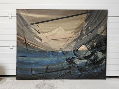 une peinture représentant un bateau dans l'eau, à côté d'une porte de garage