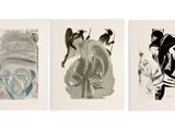 three black and white drawings of a man and a woman on a horse