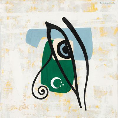 une peinture abstraite représentant un visage vert et blanc avec un œil au beurre noir