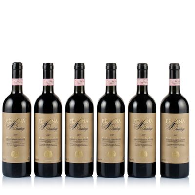 six bottles of red wine lined up in a row