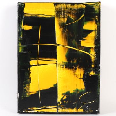 peinture abstraite jaune et noire sur fond blanc