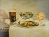 a painting of bread, olives, and a glass of beer on a table