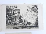 a black and white drawing of a city in the distance