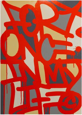 an image of an abstract painting with red and grey colors