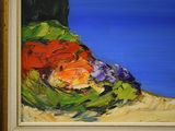 a painting of flowers in a vase on a table