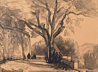 un dessin représentant des personnes assises sous un arbre dans un parc