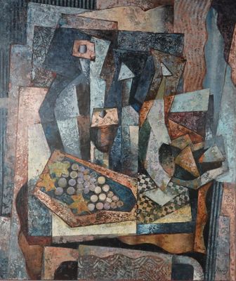 une image représentant une nature morte peinte, avec un vase et d'autres objets