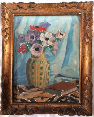 une peinture de fleurs dans un vase sur une table