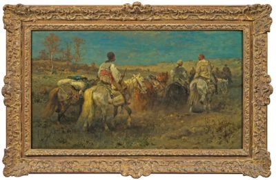 une image d'une peinture représentant un groupe d'hommes à cheval