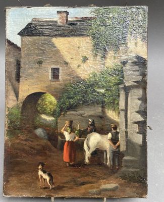 an old painting of a woman with a horse and a dog