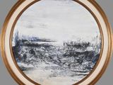 an oil painting of a landscape in a gold frame on a gray wall