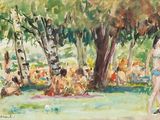 a painting of a woman in a bikini walking in a park