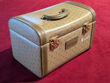 a tan suitcase sitting on a red surface