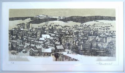 dessin représentant une vue d'une ville avec une montagne en arrière-plan