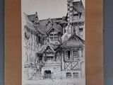 an old drawing of a building with a clock tower on top of it