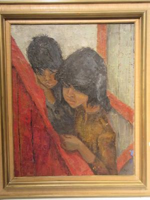painting of a couple leaning against a red curtain