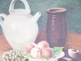 a painting of a bowl of peaches and a teapot on a table