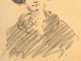 un vieux dessin d'une femme avec un chapeau sur la tête