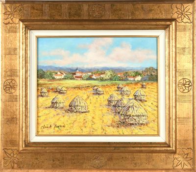 une peinture à l'huile représentant une scène de vie à la ferme, avec des meules de foin au premier plan