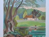 une image d'une peinture d'une maison au bord de l'eau