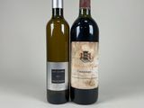 two bottles of wine sitting next to each other on a table