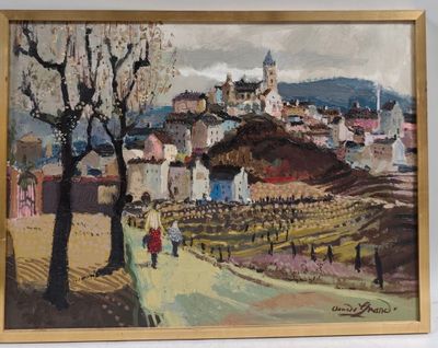 un tableau représentant des personnes marchant sur un chemin dans une ville