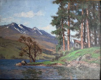 Ecole Moderne Lac de montagne Huile sur carton, non signé 22…