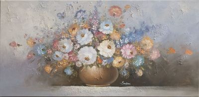 une peinture de fleurs dans un vase sur une table