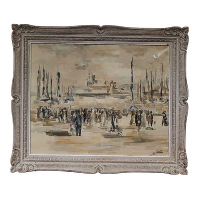 une peinture à l'huile représentant des personnes marchant sur une plage, avec des bateaux en arrière-plan
