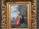 tableau représentant une femme et un homme dans un paysage, en compagnie d'un chien