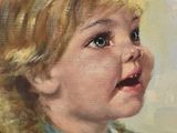 painting of a little girl with a ponytail in a blue dress