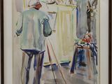aquarelle encadrée représentant un homme en train de peindre un tableau dans un atelier