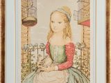 a painting of a young girl sitting on a balcony with a bird cage