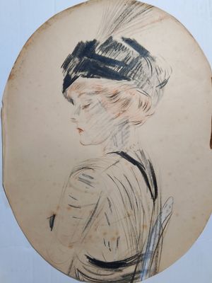 an old drawing of a woman with a feathered hat in a chair