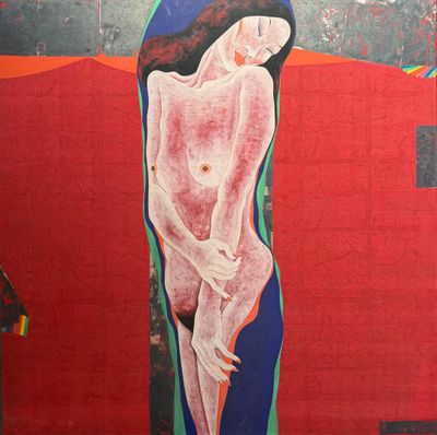 un tableau représentant une femme assise sur un mur rouge