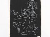 a black and white drawing of a man with a boombox on his head