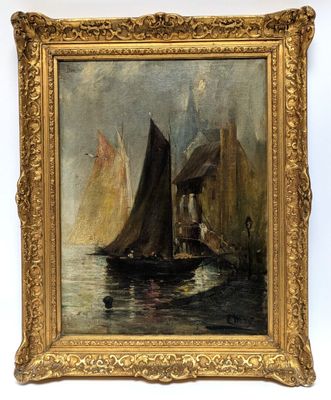 an image of a painting of a sailboat in a body of water
