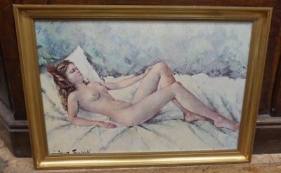 an oil painting of a nude woman laying on a bed
