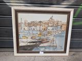 une image d'une peinture de bateaux dans un port