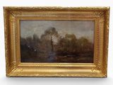 une peinture d'un paysage avec des arbres et une rivière au premier plan