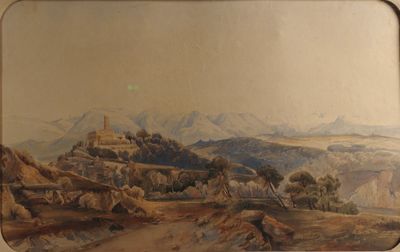 une photo d'un tableau représentant un paysage de montagne accroché au mur